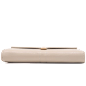 Detail view of beige leather long wallet featuring white stitching and gold metal clasp