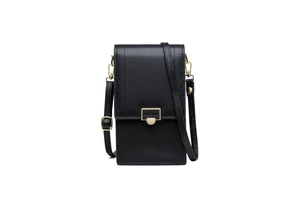 Vertical black PU phone crossbody bag detail showing matte finish and gold buckle closure
