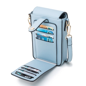 Borsa a tracolla per telefono azzurra con scomparti per carte e dettagli dorati
