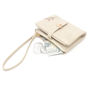 Elegant beige leather short wallet for women featuring leaf embroidery and wrist strap