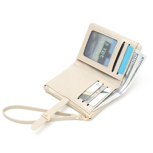 Detail view of the beige women's folding wallet showing card slots and zipper pocket
