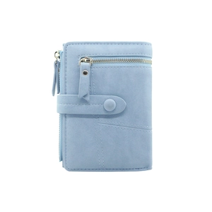 Minimalist light blue short wallet with matte texture and multi-pocket zipper design