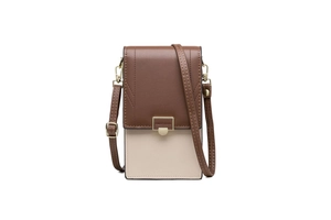 Detailed close-up of brown and beige PU leather phone bag with gold metal clasp