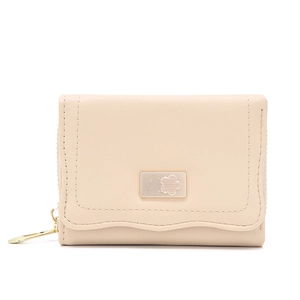 Detail of cream PU leather accordion wallet with floral metal clasp and wavy stitching