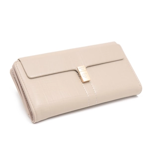 Long beige PU leather wallet with elegant heart-shaped gold buckle and textured finish
