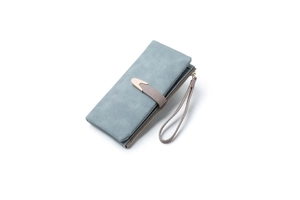 Macro shot of long frosted leather wallet with blue finish and gold metal buckle