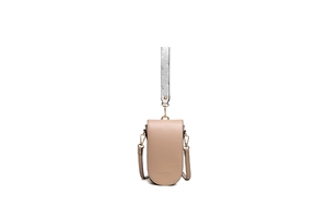 Dettaglio borsa porta cellulare beige in pelle PU con tracolla con motivo floreale