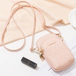 Quilted pale pink leather crossbody cell phone bag for women with gold hardware