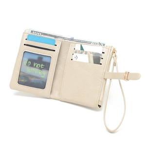 Beige PU leather folding wristlet wallet with multi-card slots and secure zip pocket
