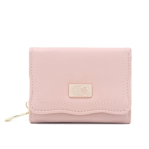 Close-up of pink PU leather wallet featuring a golden floral metal buckle and stitching