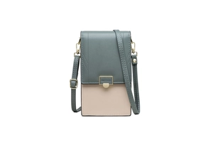 Detailed view of the contrast color PU leather phone bag with gold metal buckle