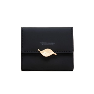 Close-up of black matte PU leather wallet featuring a golden leaf buckle and fine stitching