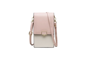 Detail of pink and cream PU leather phone bag featuring a gold metal buckle closure