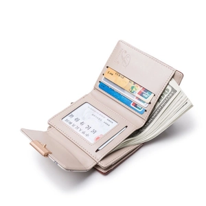 Beige trifold faux leather wallet for women with rose gold button and card slots