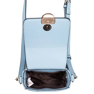 Mini borsa a tracolla azzurra in ecopelle con fibbia dorata e chiusura a patta