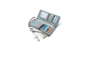 Detailed internal view of light blue frosted wallet with card slots and wrist strap