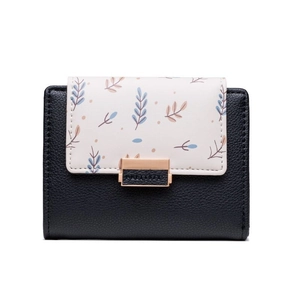 Women's chic bifold wallet featuring color block leather and floral leaf print with metal clasp