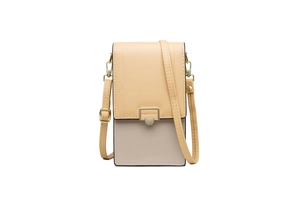 Detailed shot of vertical PU leather phone bag with dual-tone design and magnetic gold clasp