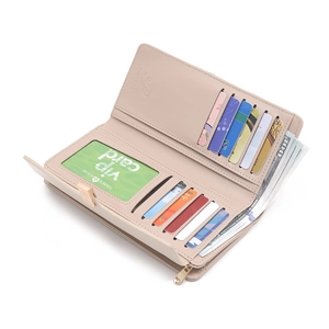 Long bi-fold women's wallet in light beige PU leather with multi-card slots and coin pocket