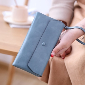 Blue long PU leather wallet with snap button closure and leaf pendant strap detail