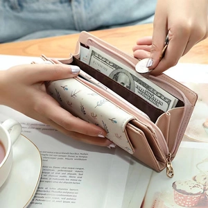 Portefeuille long rose en cuir PU pour femme avec motif feuille et porte-cartes