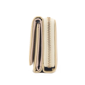 Cream accordion fold wallet in textured PU leather with gold zipper and card slots