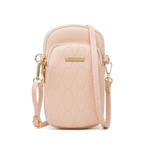 Minimale rosa PU-Leder Handy-Umhängetasche mit Rautensteppung und goldenen Reißverschlüssen