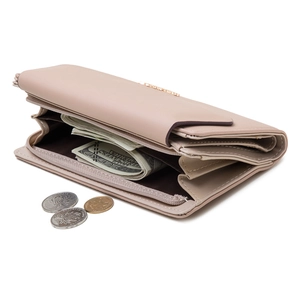Long pink PU leather tri-fold wallet for women with zipper pocket and card slots