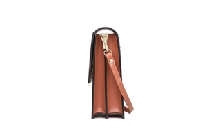 Side view of brown PU leather phone bag with accordion pleats and gold metal hardware