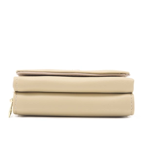 Compact beige PU leather accordion wallet for women featuring multiple compartments and gold zipper