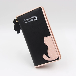 Close-up of black and pink PU leather wallet featuring a cat motif and pendant