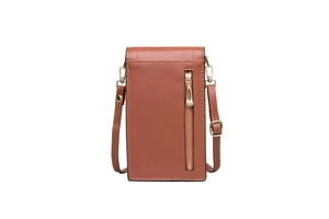Detailed back view of vertical PU leather phone bag with zipper pocket and gold hardware