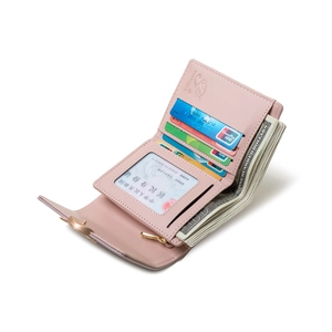 Pink minimalist trifold wallet for women with multi-card slots and litchi grain leather