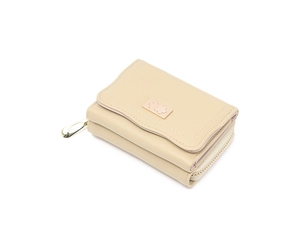 Detail view of cream PU leather tri-fold wallet with gold flower plaque and side zipper