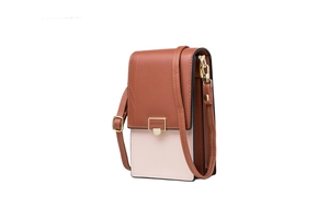 Detail of color-block PU leather phone bag with golden hardware and adjustable strap