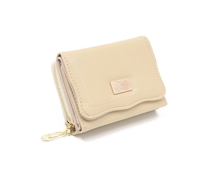 Close-up of beige PU leather trifold wallet with golden flower logo and metal zipper