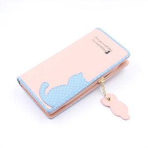 Pink PU leather long wallet with blue polka dot cat design and cat zipper pendant