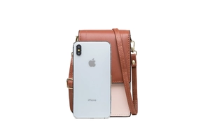 Detailed view of the dual-tone PU leather phone bag size comparison with a smartphone