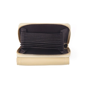 Minimalist beige PU leather accordion wallet with multiple card slots and gold zipper