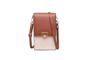 Detailed front view of two-tone PU leather phone bag with metal clasp and neat stitching