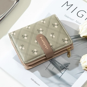 Sage green PU leather short wallet with quilted diamond patterns and small white flowers
