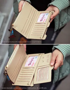 Detail of long beige leather wallet featuring removable card slots and SD card holders
