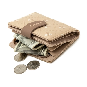 Women's floral short wallet with quilted PU leather, multi-slots, and zipper coin pocket
