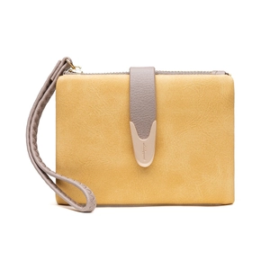 Vintage matte PU leather wallet for women with ginger and grey patchwork and wrist strap