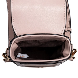 Mini borsa per cellulare in pelle rosa trama litchi con fodera marrone e etichetta