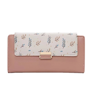 Portefeuille long en cuir PU rose pour femme avec imprimé floral et fermoir doré