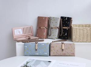 Interior view of women long PU leather wallet showing multiple card slots and photo window