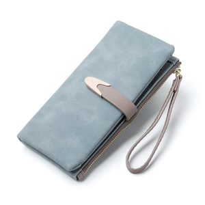 Retro matte Morandi blue long wallet for women with gold clasp and detachable wrist strap