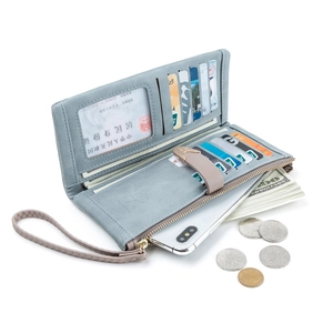 Light blue matte long wallet with multiple card slots and zipper phone compartment