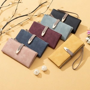 Matte PU leather long wallets for women with metal buckle and wrist strap in six colors